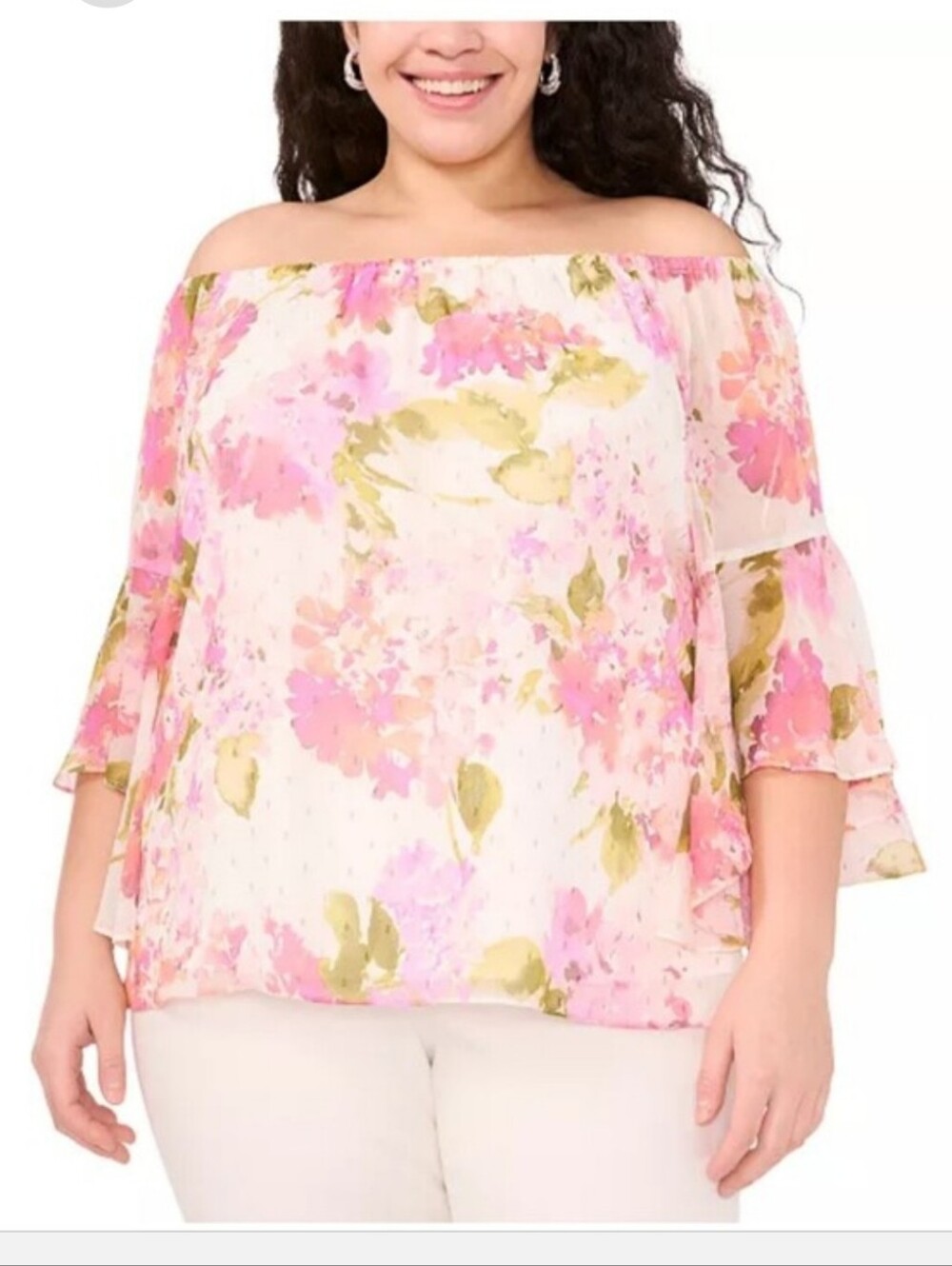 NWT MSK Petite Floral Chiffon Blouse Pink White Flutter Sleeve Top LP Large